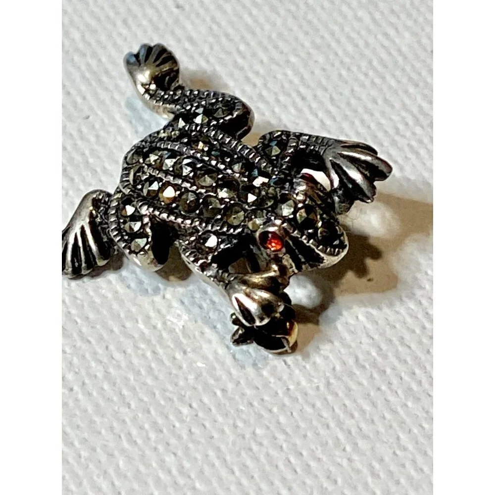 Vintage Two Silver‎ Marcasite Frog Pins with Red Glass Eyes